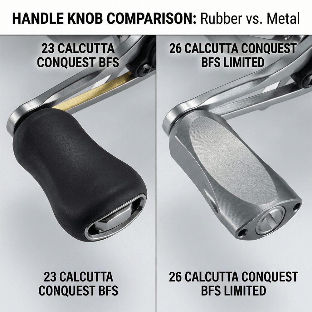 26カルカッタコンクエストBFSリミテッドと23カルカッタコンクエストBFSのハンドルノブの違いの比較画像
